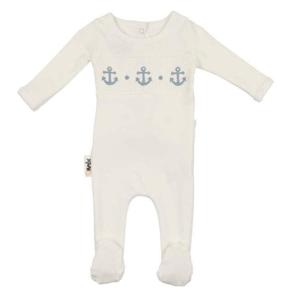 Maniere Child Smocked Anchor Footie 1M White Sailor Boutique Baby EUC